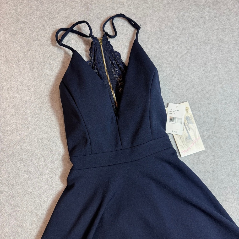 Honey and Rosie Fit and Flare Dress Womens Size S Navy Blue Lace Back